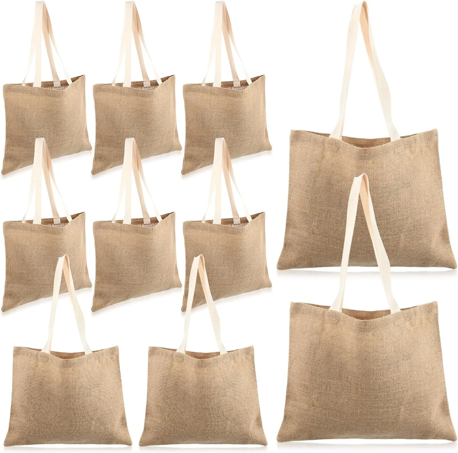 10 Pack Natural Jute Tote Bags with Handles Large Reusable Burlap Totes Blank Tote Sacks Grocery Bags for Webbing Bridesmaid Business Gift Travel Shopping Art DIY Crafts Bags