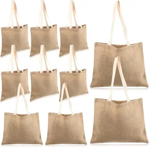 10 Pack Natural Jute Tote Bags with Handles Large Reusable Burlap Totes Blank Tote Sacks Grocery Bags for Webbing Bridesmaid Business Gift Travel Shopping Art DIY Crafts Bags