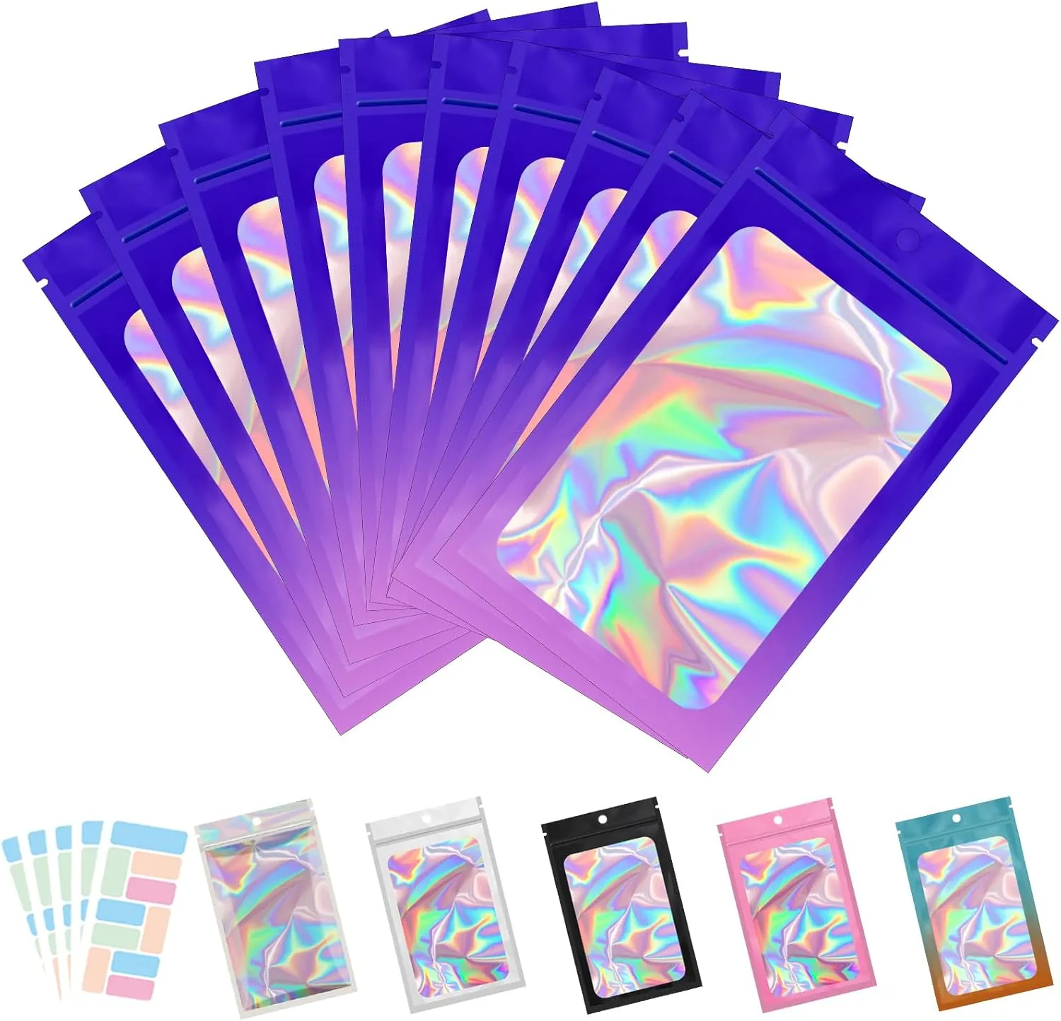 100 Pack Resealable Bags for Small Business, Mylar Bags with Front Window Holographic Bags Mylar Bags for Food Storage Candy with 100 Color Labels(Purple-Pink,4.1 X 5.9 Inch)