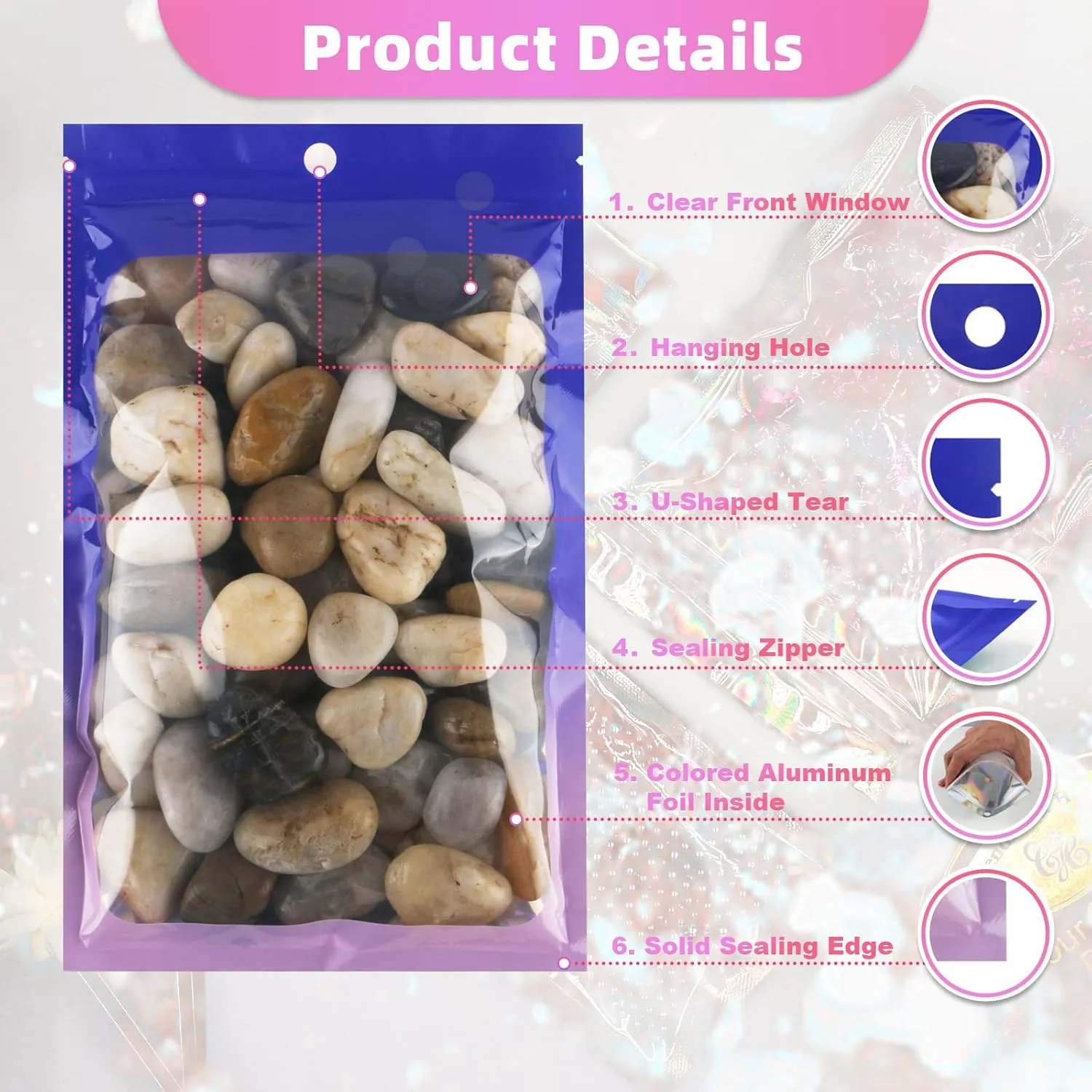 100 Pack Resealable Bags for Small Business, Mylar Bags with Front Window Holographic Bags Mylar Bags for Food Storage Candy with 100 Color Labels(Purple-Pink,4.1 X 5.9 Inch)