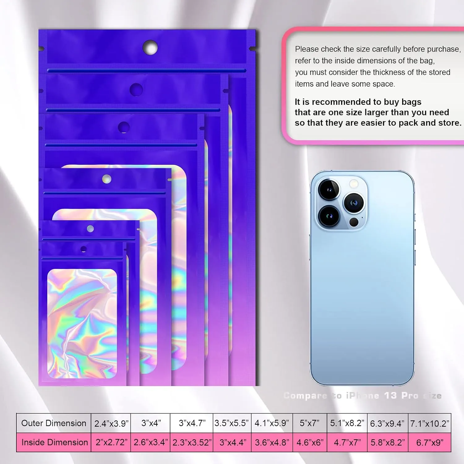 100 Pack Resealable Bags for Small Business, Mylar Bags with Front Window Holographic Bags Mylar Bags for Food Storage Candy with 100 Color Labels(Purple-Pink,4.1 X 5.9 Inch)