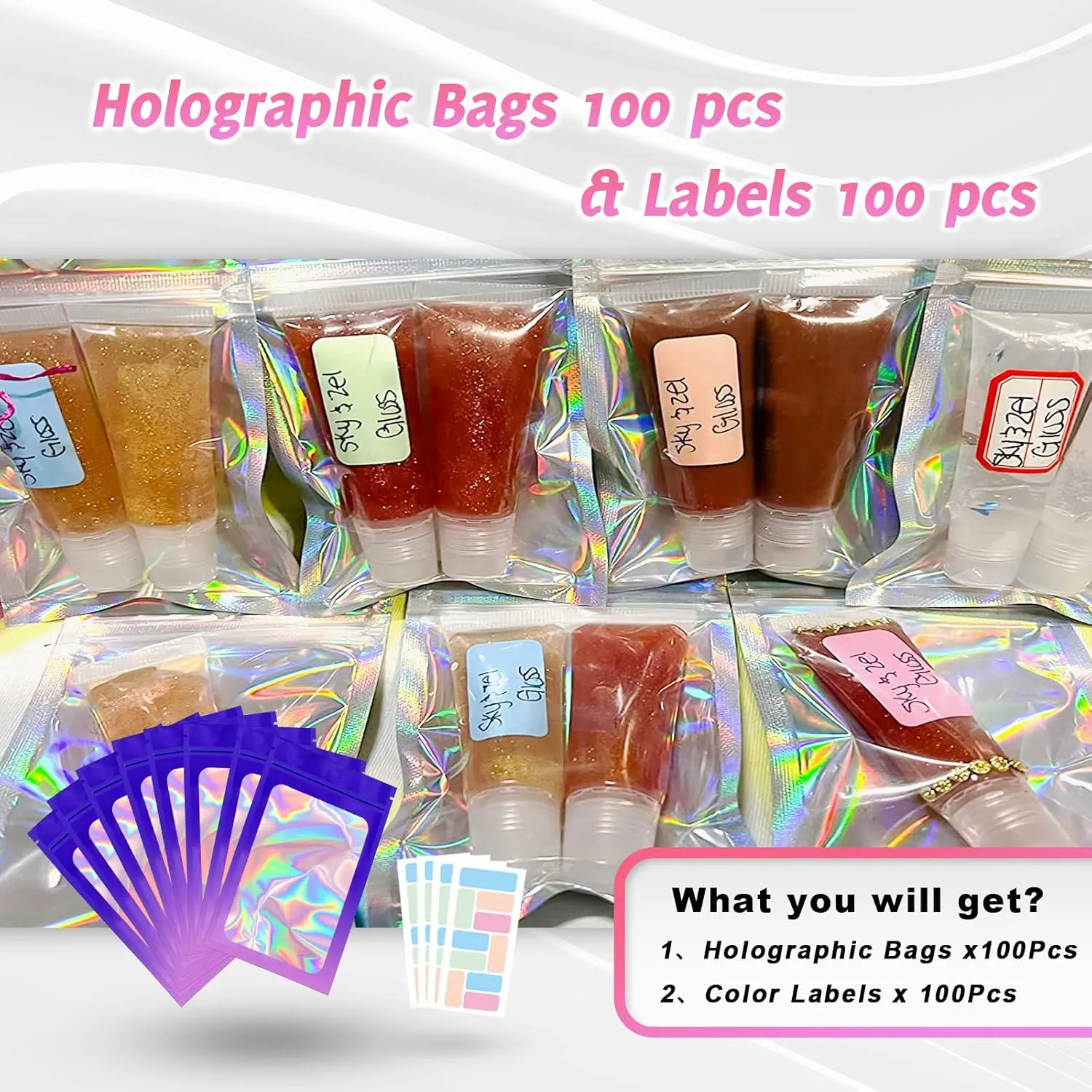 100 Pack Resealable Bags for Small Business, Mylar Bags with Front Window Holographic Bags Mylar Bags for Food Storage Candy with 100 Color Labels(Purple-Pink,4.1 X 5.9 Inch)