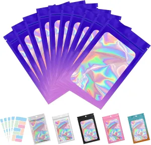 100 Pack Resealable Bags for Small Business, Mylar Bags with Front Window Holographic Bags Mylar Bags for Food Storage Candy with 100 Color Labels(Purple-Pink,4.1 X 5.9 Inch)