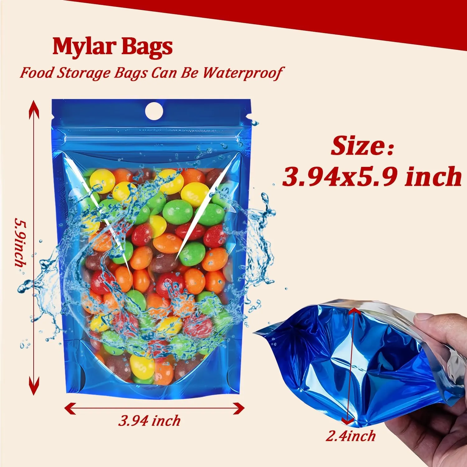 100 Pack Smell Proof Stand Up Mylar Bags with Resealable Zipper & Clear Window - 4x6 Inch Odor-Proof Aluminum Foil Pouches for Food Storage, Coffee, Cookies, Jewelry, Small Business Packaging (Blue)