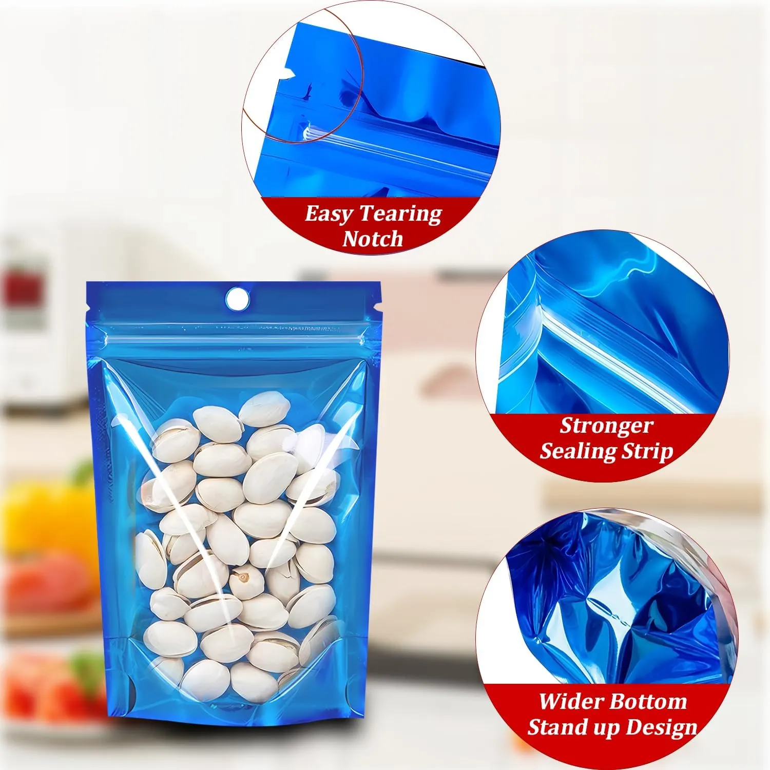 100 Pack Smell Proof Stand Up Mylar Bags with Resealable Zipper & Clear Window - 4x6 Inch Odor-Proof Aluminum Foil Pouches for Food Storage, Coffee, Cookies, Jewelry, Small Business Packaging (Blue)