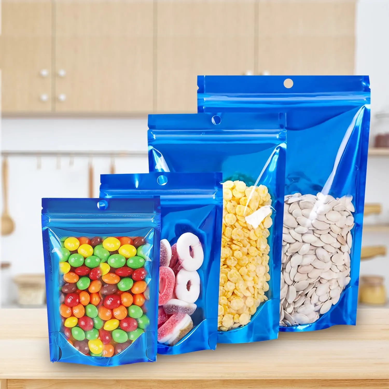 100 Pack Smell Proof Stand Up Mylar Bags with Resealable Zipper & Clear Window - 4x6 Inch Odor-Proof Aluminum Foil Pouches for Food Storage, Coffee, Cookies, Jewelry, Small Business Packaging (Blue)