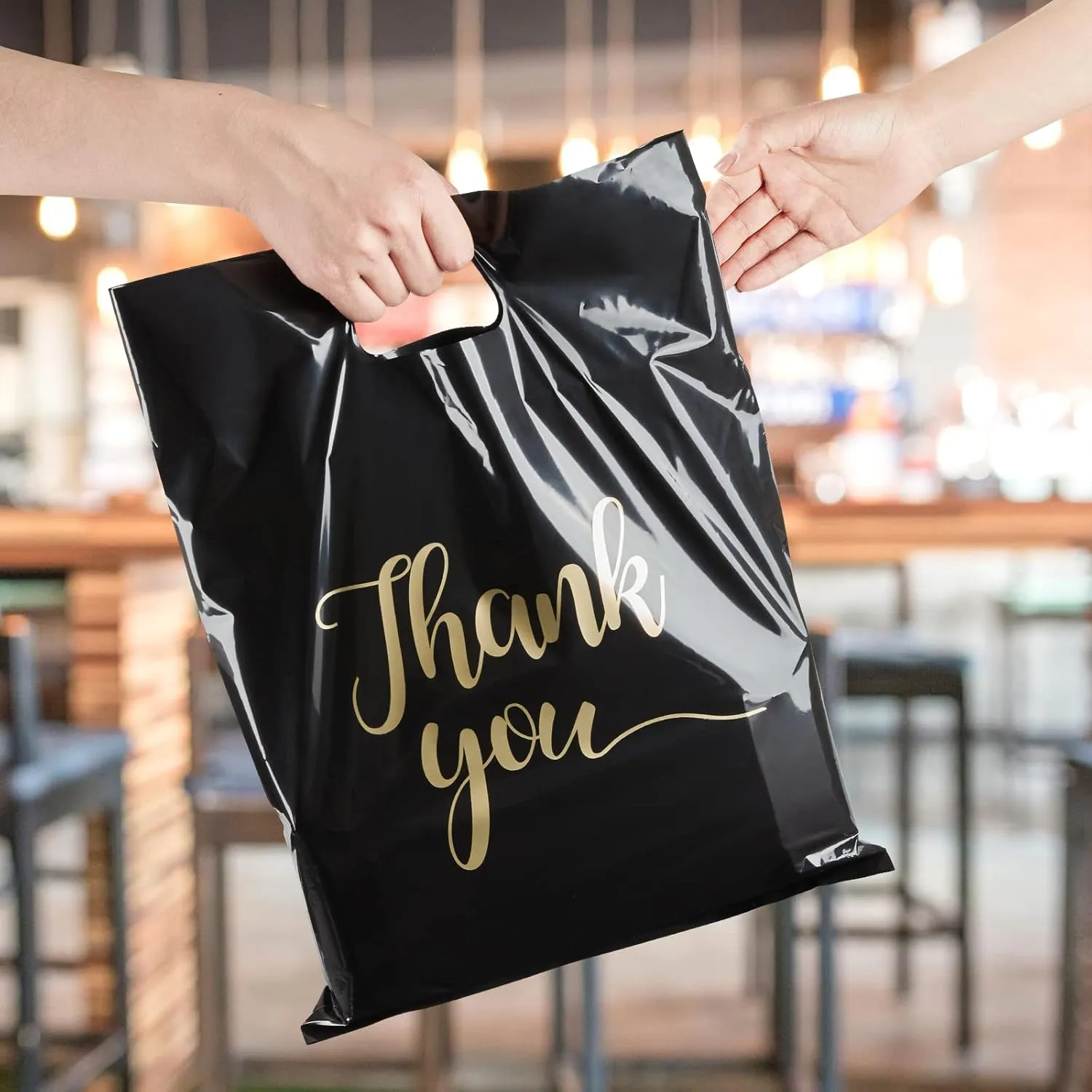 100 Pack Thank You Bags for Small Business, 12 x 15 Inch Plastic Shopping Bags with Handles Retail Merchandise Bag Extra Thick Gift Bag Bulk (Black)