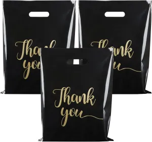 100 Pack Thank You Bags for Small Business, 12 x 15 Inch Plastic Shopping Bags with Handles Retail Merchandise Bag Extra Thick Gift Bag Bulk (Black)
