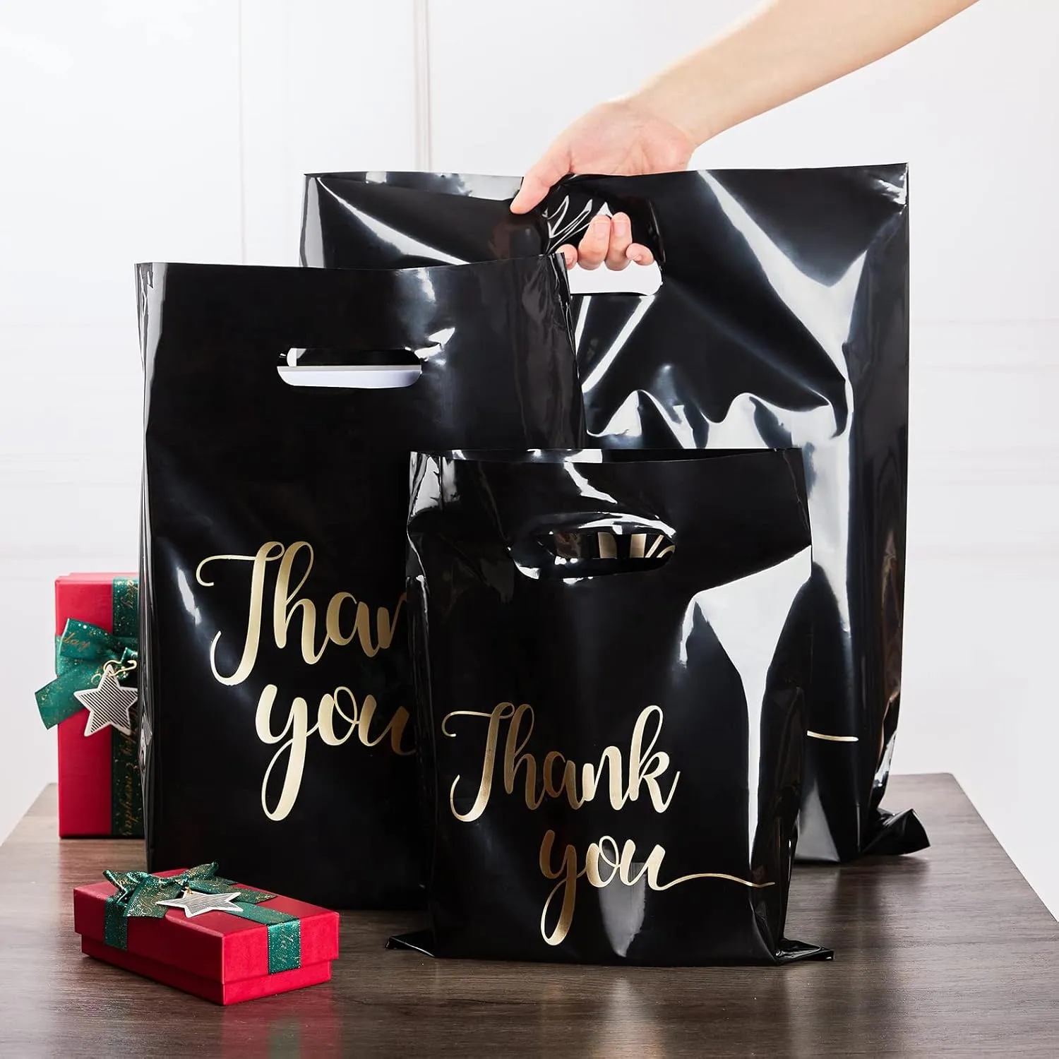 100 Pack Thank You Bags for Small Business, 12 x 15 Inch Plastic Shopping Bags with Handles Retail Merchandise Bag Extra Thick Gift Bag Bulk (Black)