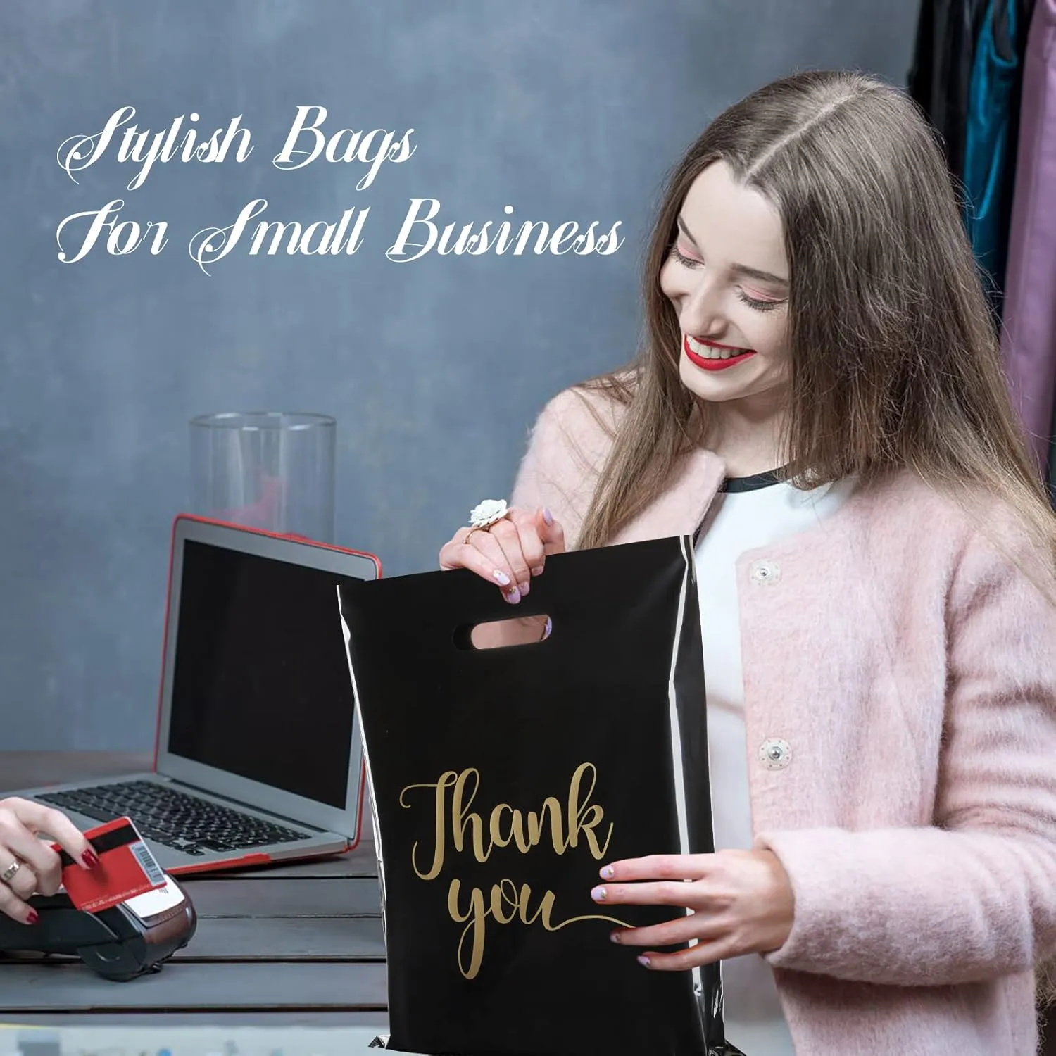 100 Pack Thank You Bags for Small Business, 12 x 15 Inch Plastic Shopping Bags with Handles Retail Merchandise Bag Extra Thick Gift Bag Bulk (Black)