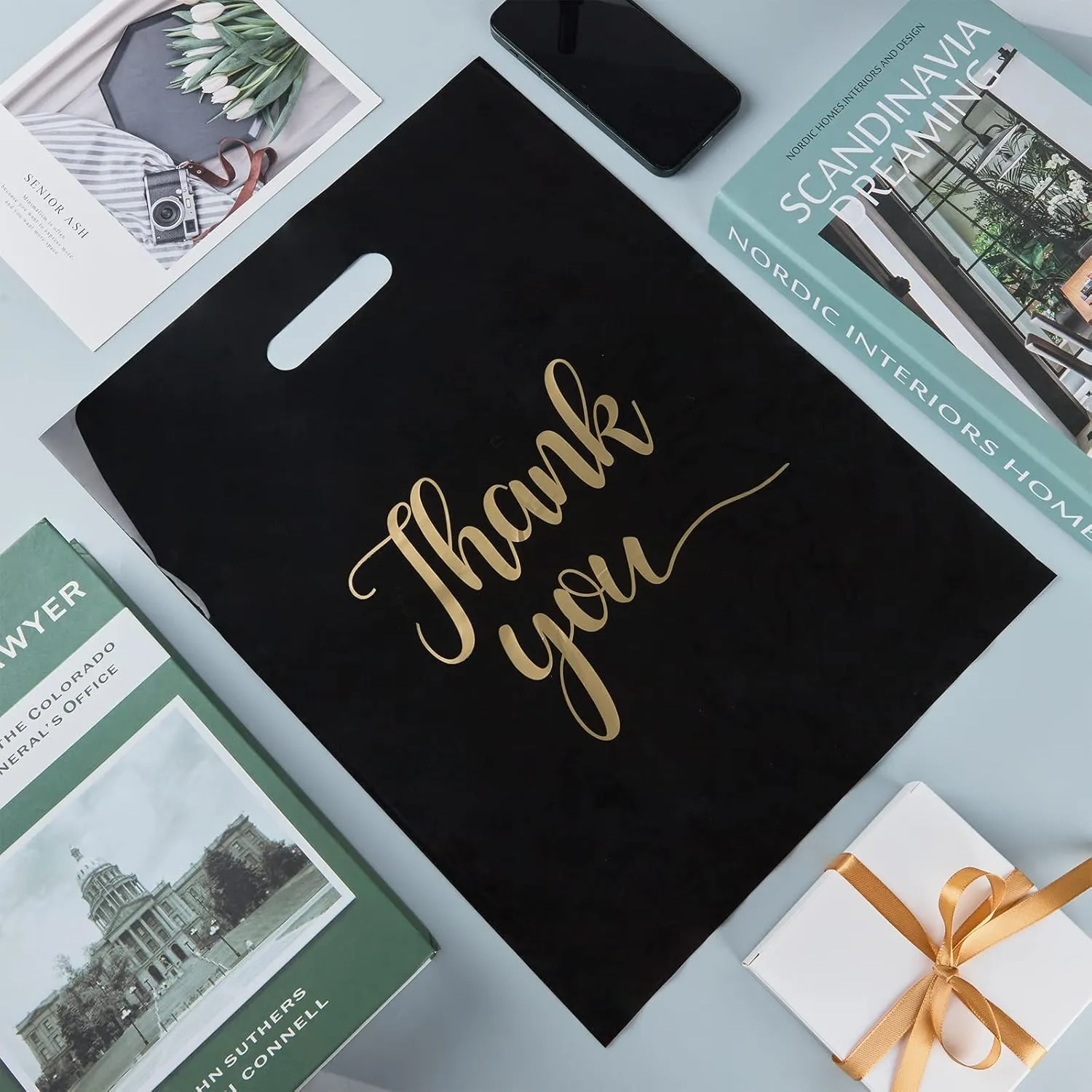 100 Pack Thank You Bags for Small Business, 12 x 15 Inch Plastic Shopping Bags with Handles Retail Merchandise Bag Extra Thick Gift Bag Bulk (Black)