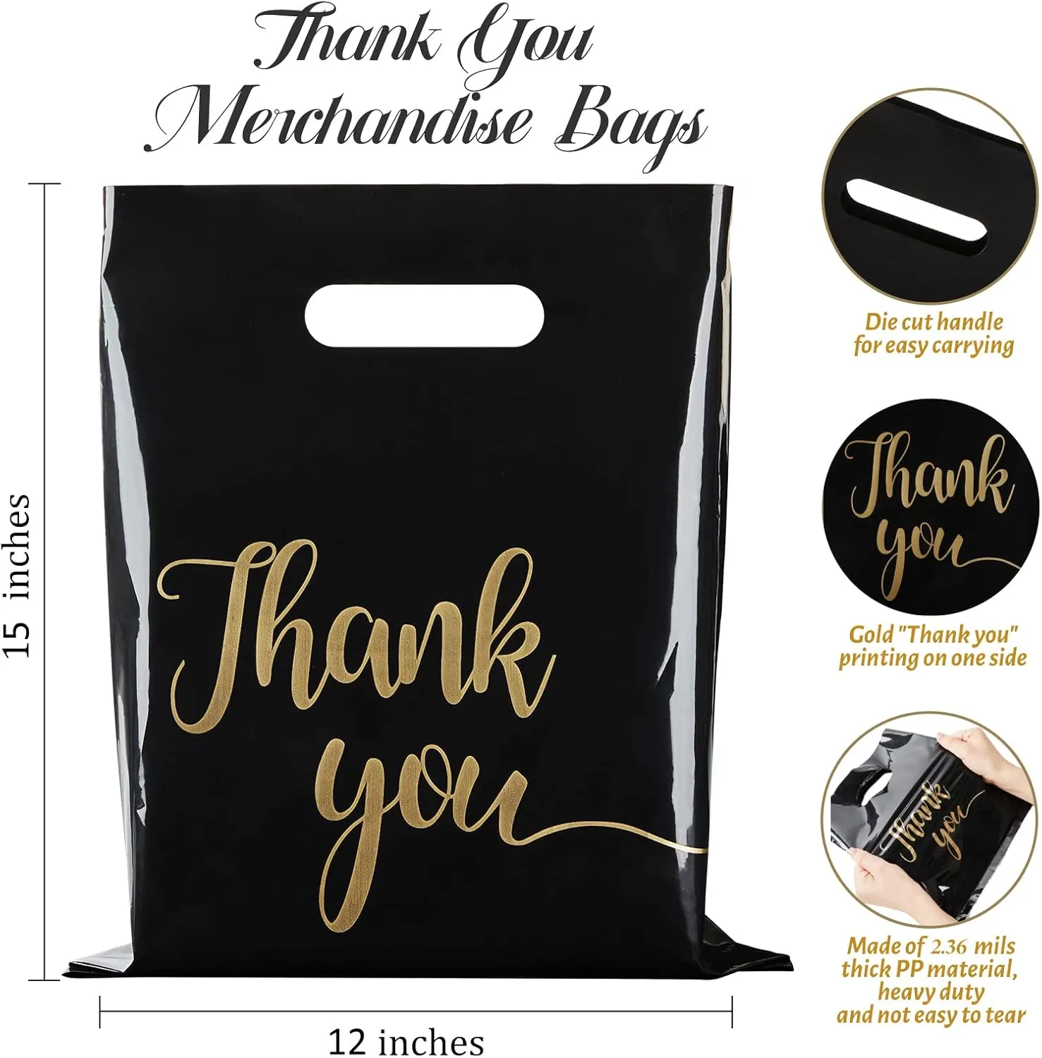 100 Pack Thank You Bags for Small Business, 12 x 15 Inch Plastic Shopping Bags with Handles Retail Merchandise Bag Extra Thick Gift Bag Bulk (Black)