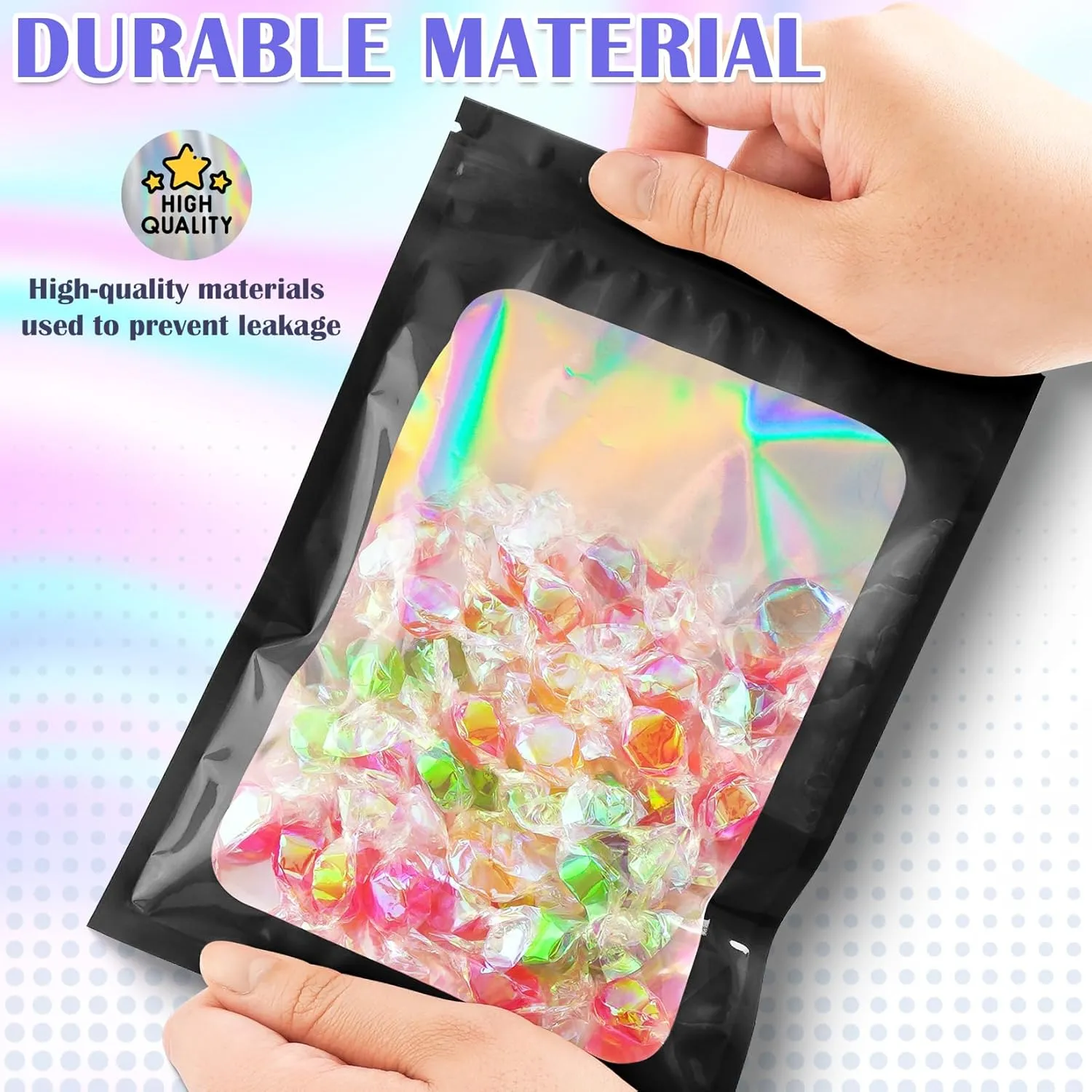 100 PCS Black Smell Proof Bag, Mylar Bags, Holographic Bags with Clear Window, Resealable Bag for Small Business, Packaging Bag for Bracelets, Jewelry, Candy, Gift （5.5x7.9in）