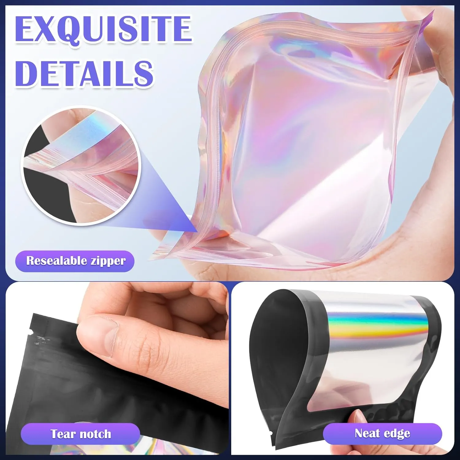 100 PCS Black Smell Proof Bag, Mylar Bags, Holographic Bags with Clear Window, Resealable Bag for Small Business, Packaging Bag for Bracelets, Jewelry, Candy, Gift （5.5x7.9in）