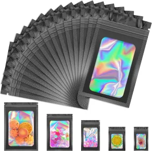 100 PCS Black Smell Proof Bag, Mylar Bags, Holographic Bags with Clear Window, Resealable Bag for Small Business, Packaging Bag for Bracelets, Jewelry, Candy, Gift （5.5x7.9in）