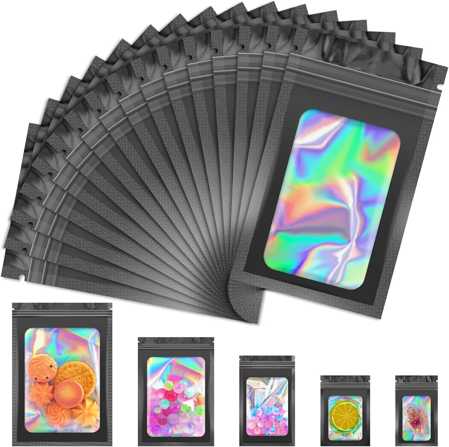 100 PCS Black Smell Proof Bag, Mylar Bags, Holographic Bags with Clear Window, Resealable Bag for Small Business, Packaging Bag for Bracelets, Jewelry, Candy, Gift （5.5x7.9in）
