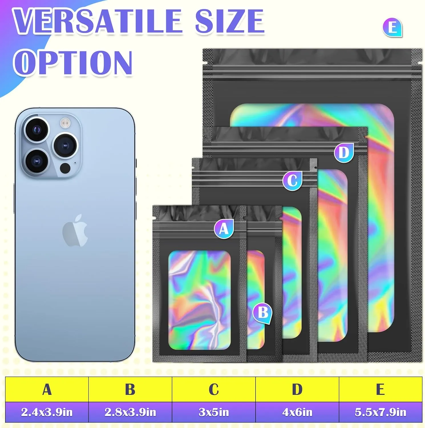 100 PCS Black Smell Proof Bag, Mylar Bags, Holographic Bags with Clear Window, Resealable Bag for Small Business, Packaging Bag for Bracelets, Jewelry, Candy, Gift （5.5x7.9in）