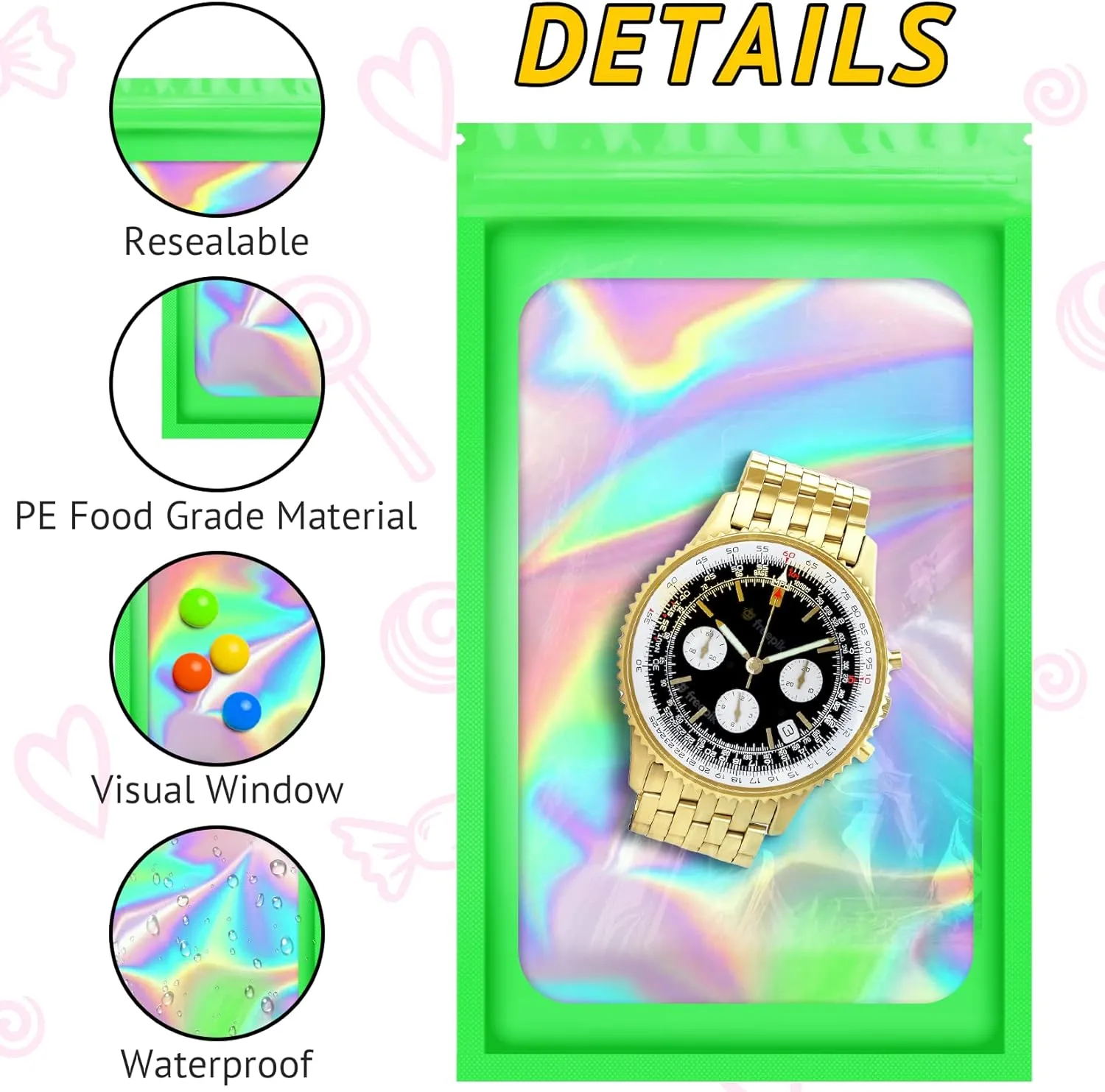 100 PCS Holographic Bags for Lashes, Press On Nails, Candy, Small Baggies Sample Bag Smell Proof Packaging Bag for Jewelry, Resealable Bags for Small Business, Food Storage Bags