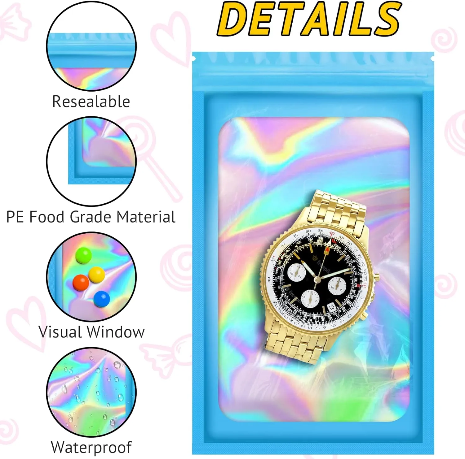 100 PCS Holographic Bags for Lashes, Press On Nails, Candy, Small Baggies Sample Bag Smell Proof Packaging Bag for Jewelry, Resealable Bags for Small Business, Food Storage Bags