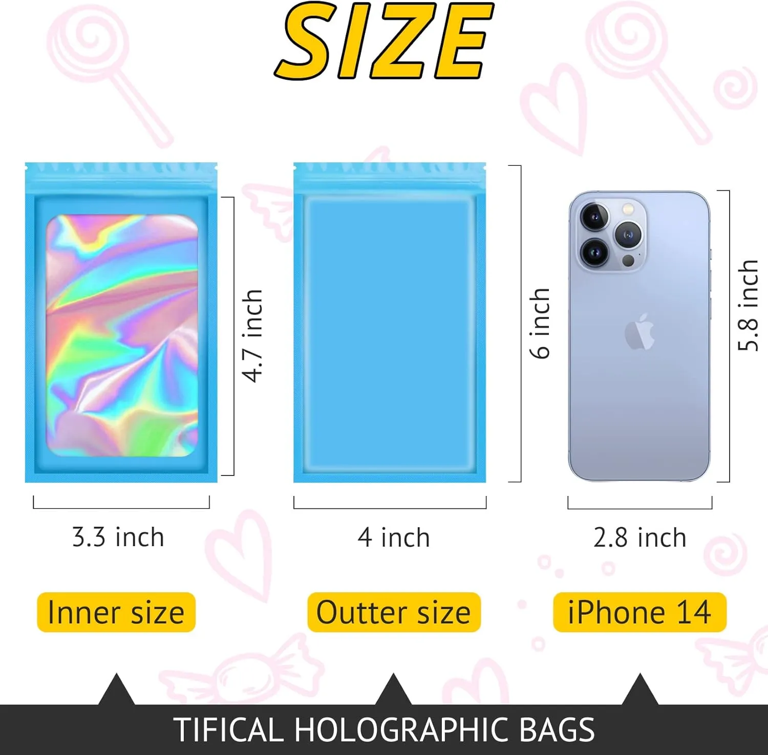 100 PCS Holographic Bags for Lashes, Press On Nails, Candy, Small Baggies Sample Bag Smell Proof Packaging Bag for Jewelry, Resealable Bags for Small Business, Food Storage Bags