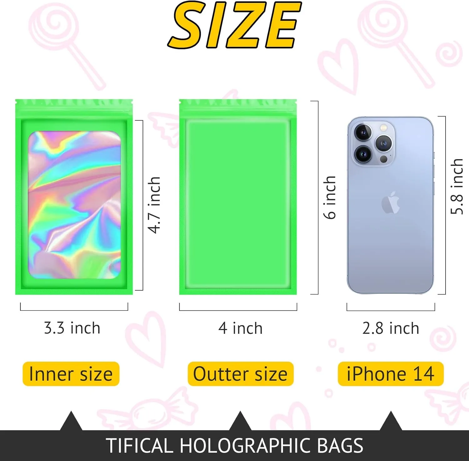 100 PCS Holographic Bags for Lashes, Press On Nails, Candy, Small Baggies Sample Bag Smell Proof Packaging Bag for Jewelry, Resealable Bags for Small Business, Food Storage Bags