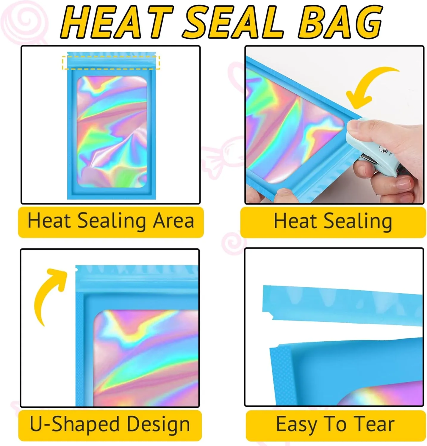 100 PCS Holographic Bags for Lashes, Press On Nails, Candy, Small Baggies Sample Bag Smell Proof Packaging Bag for Jewelry, Resealable Bags for Small Business, Food Storage Bags