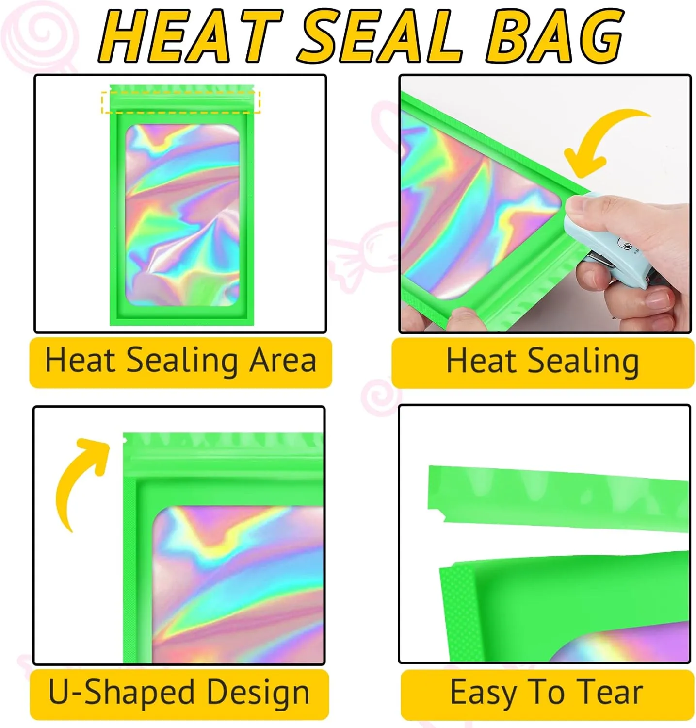100 PCS Holographic Bags for Lashes, Press On Nails, Candy, Small Baggies Sample Bag Smell Proof Packaging Bag for Jewelry, Resealable Bags for Small Business, Food Storage Bags