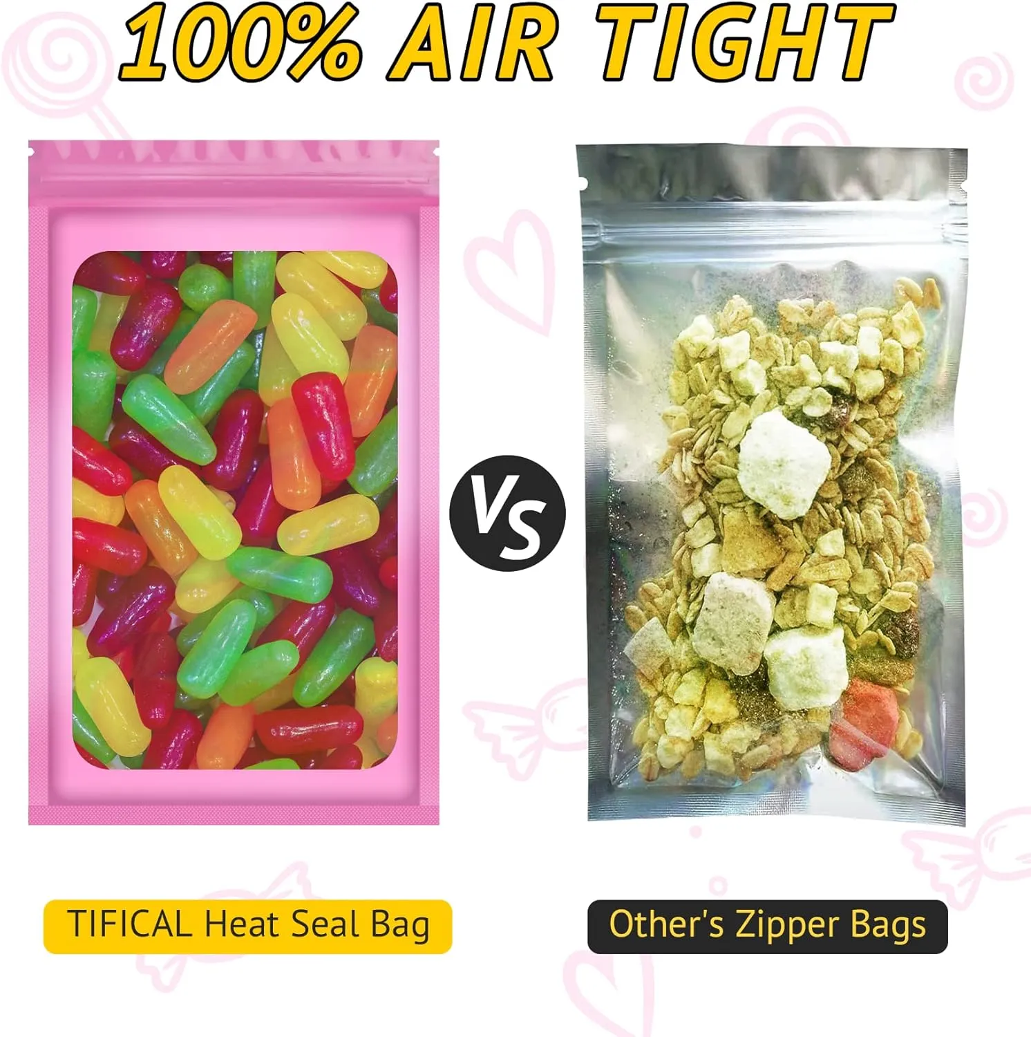 100 PCS Holographic Bags for Lashes, Press On Nails, Candy, Small Baggies Sample Bag Smell Proof Packaging Bag for Jewelry, Resealable Bags for Small Business, Valentines Day Gifts