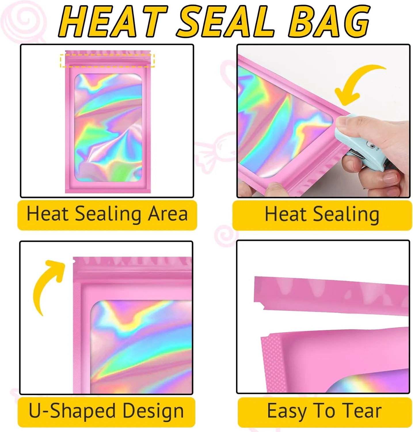 100 PCS Holographic Bags for Lashes, Press On Nails, Candy, Small Baggies Sample Bag Smell Proof Packaging Bag for Jewelry, Resealable Bags for Small Business, Valentines Day Gifts