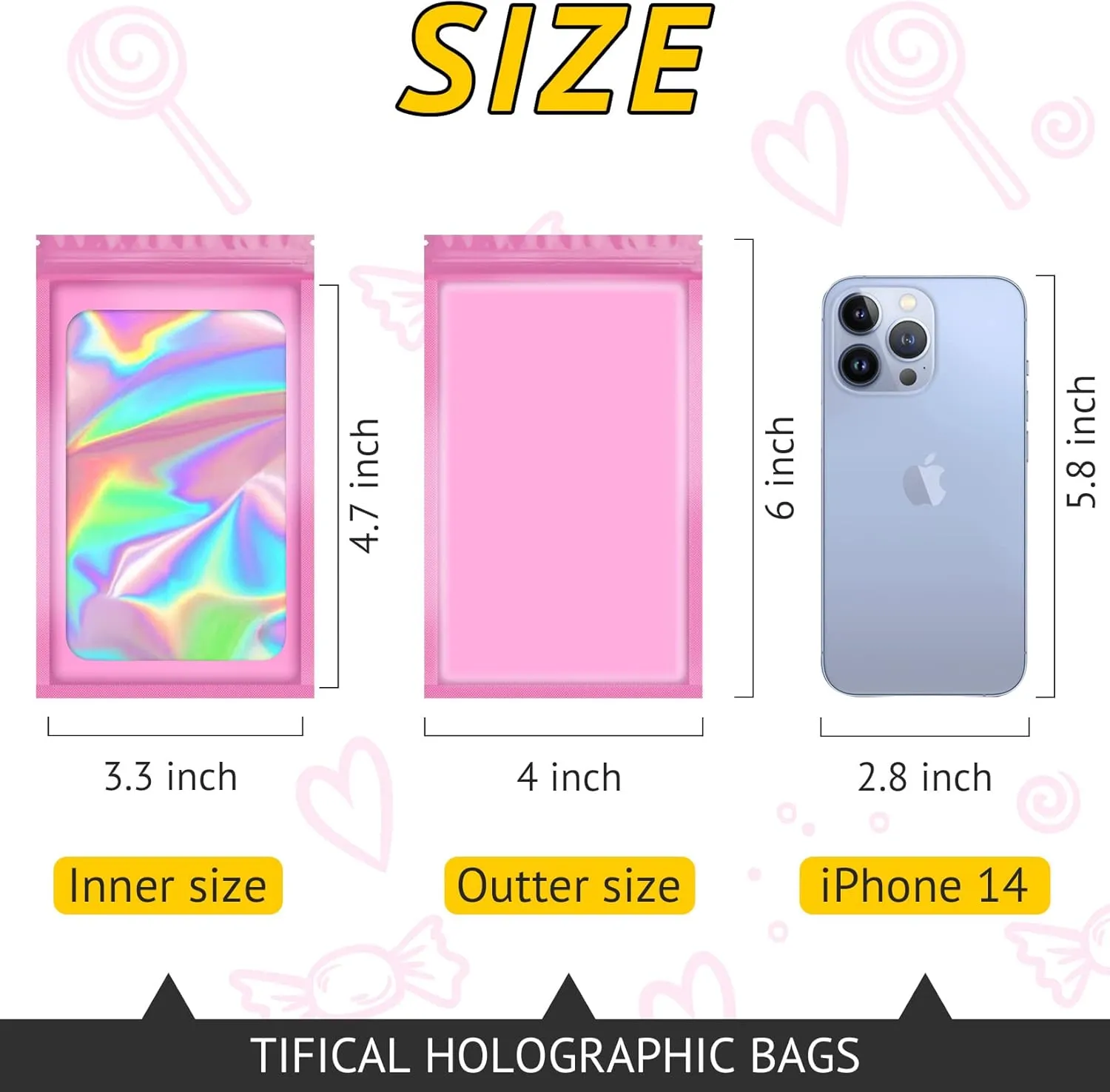100 PCS Holographic Bags for Lashes, Press On Nails, Candy, Small Baggies Sample Bag Smell Proof Packaging Bag for Jewelry, Resealable Bags for Small Business, Valentines Day Gifts