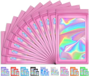 100 PCS Holographic Bags for Lashes, Press On Nails, Candy, Small Baggies Sample Bag Smell Proof Packaging Bag for Jewelry, Resealable Bags for Small Business, Valentines Day Gifts