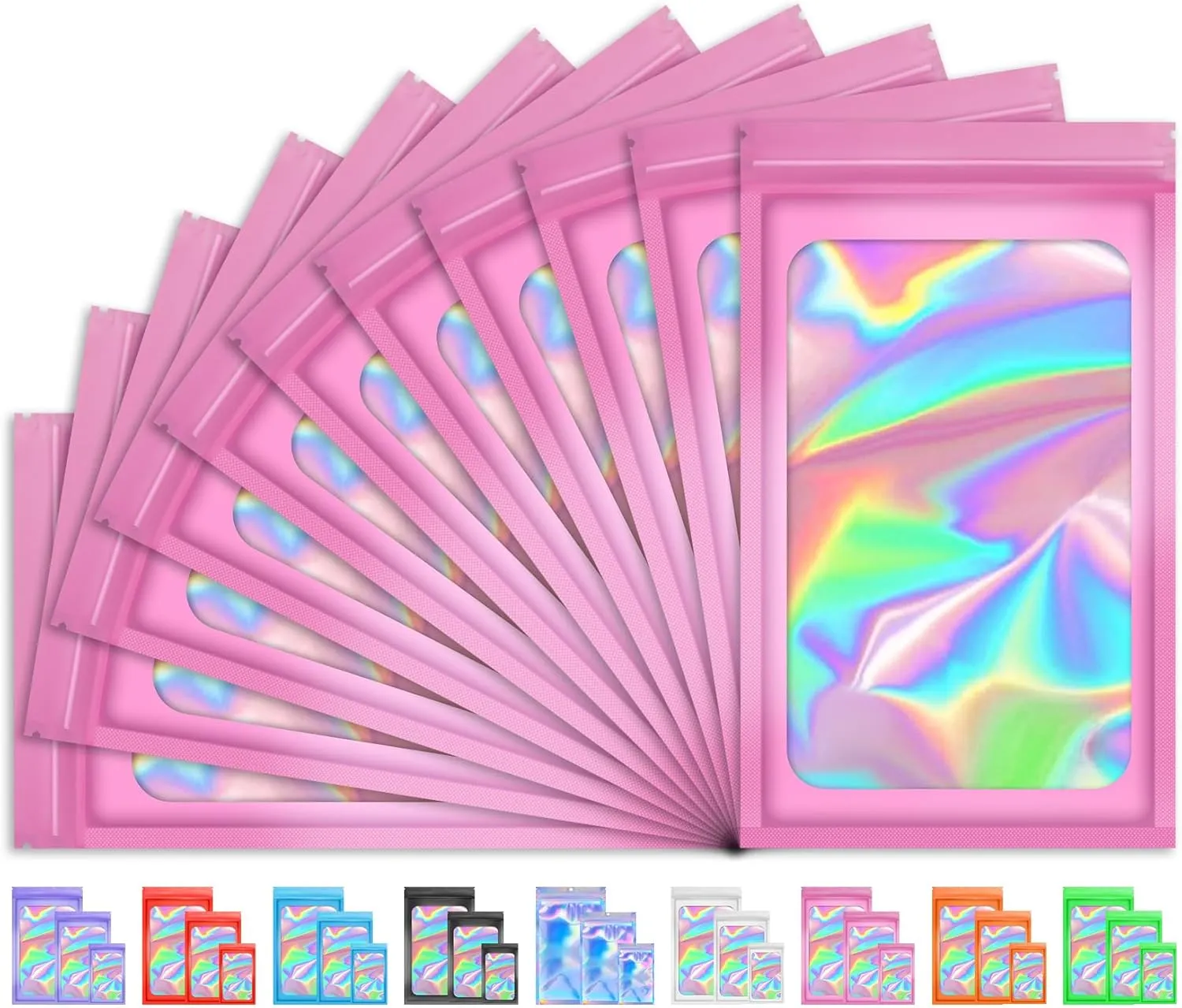 100 PCS Holographic Bags for Lashes, Press On Nails, Candy, Small Baggies Sample Bag Smell Proof Packaging Bag for Jewelry, Resealable Bags for Small Business, Valentines Day Gifts