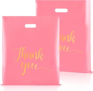 100 PCS Thank You Merchandise Bags, Extra Thick 2.36 Mil 15 x 18 Inches Pink Plastic Shopping Bags with Handles for Small Business, Retail Boutique, Stores, Clothes