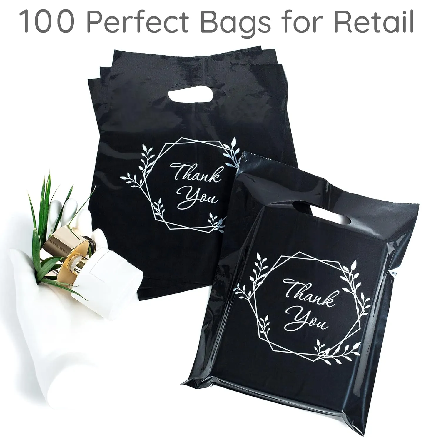 100 Thank You Bags for Business Black Color 1.5Mil Thick 9"x12" Perfect for Merchandise And Retail Extra Glossy With Handles