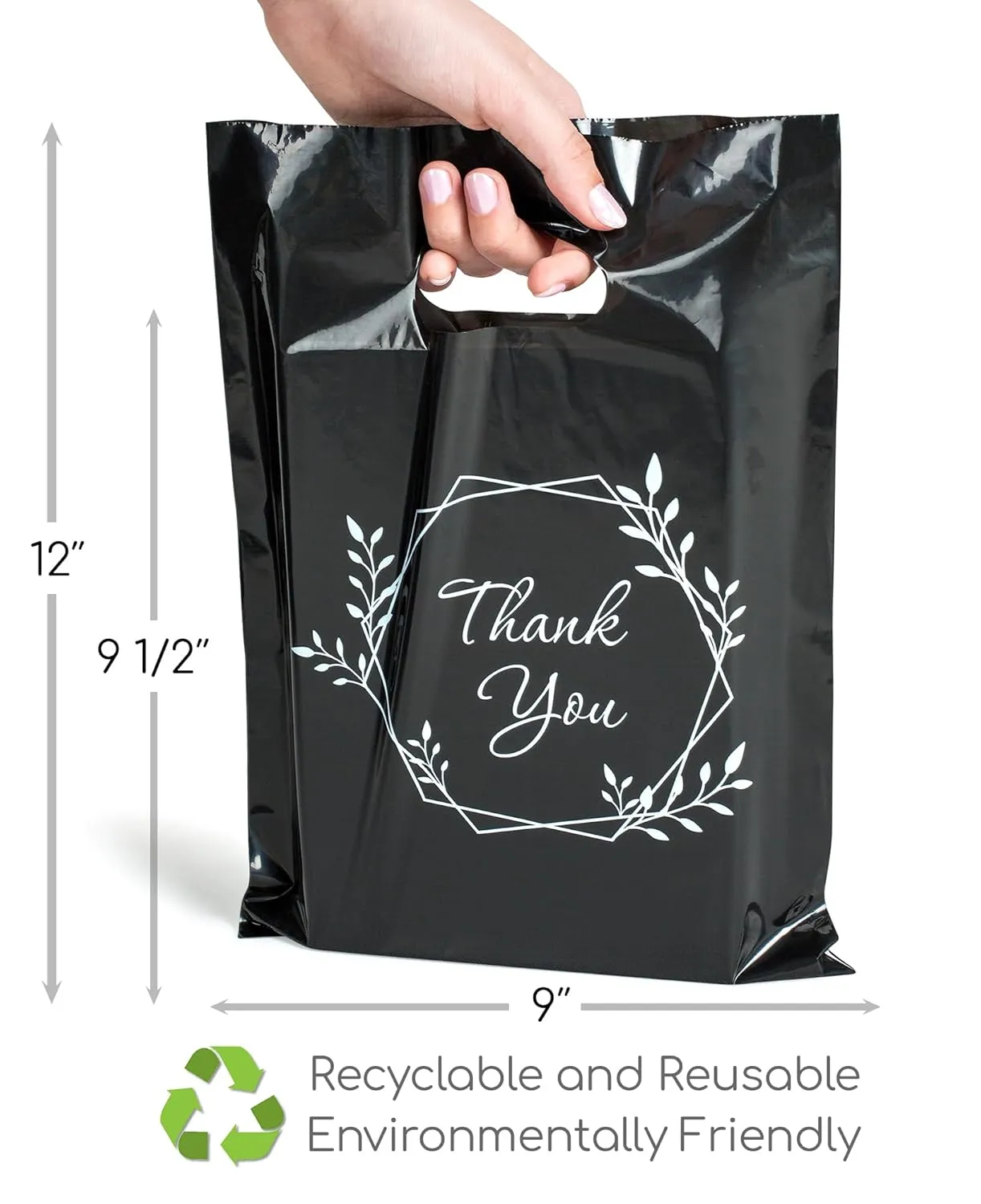 100 Thank You Bags for Business Black Color 1.5Mil Thick 9"x12" Perfect for Merchandise And Retail Extra Glossy With Handles