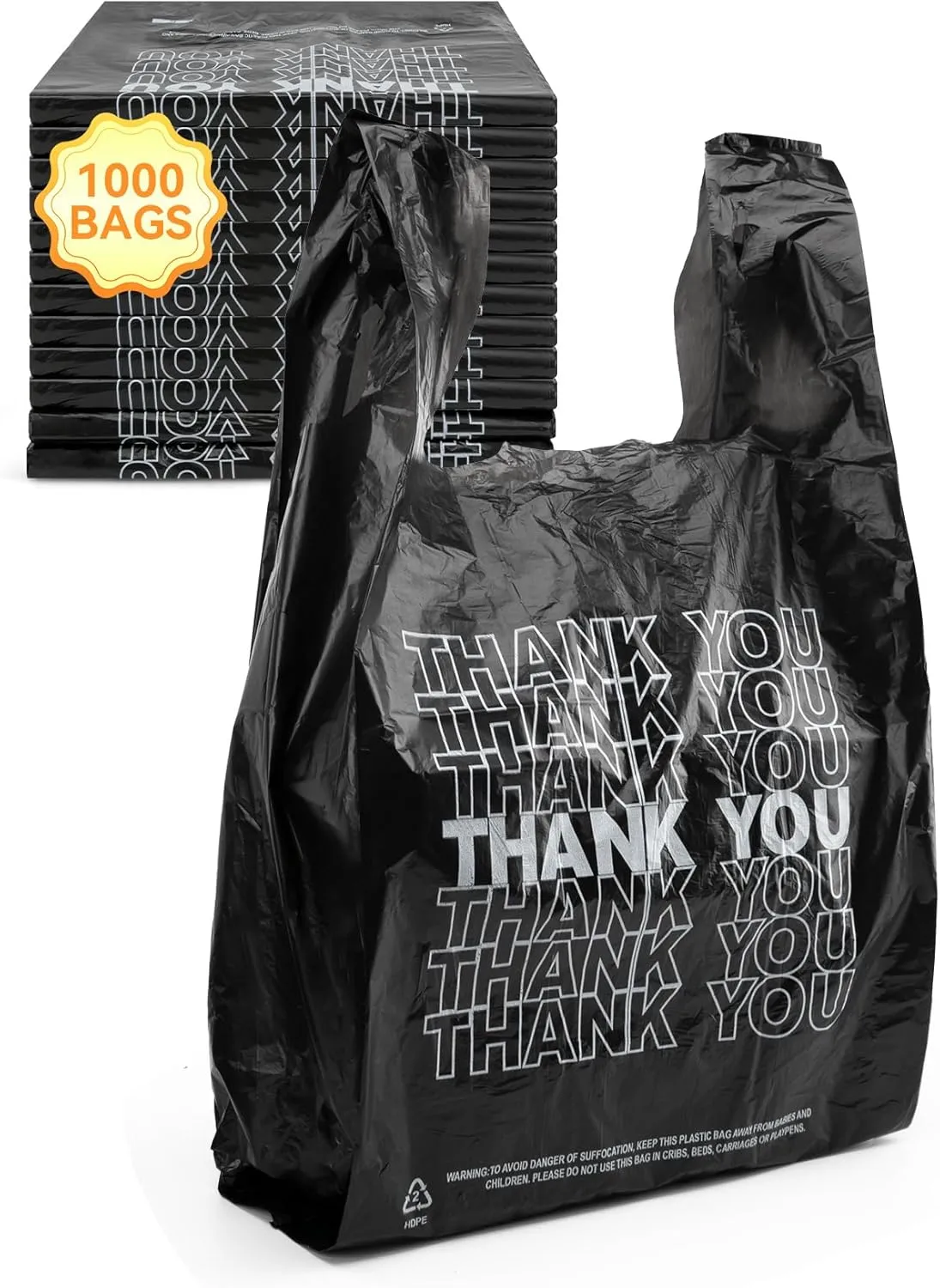 1000 Count Thank You Plastic Bags – Black T-Shirt Bags with Handles, 10.5" x 5.5" x 17.5" (1/8 Size), 14 Mic – Ideal for Grocery, Retail, Takeout, and Desk Trash Use