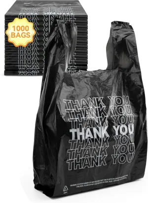 1000 Count Thank You Plastic Bags – Black T-Shirt Bags with Handles, 10.5" x 5.5" x 17.5" (1/8 Size), 14 Mic – Ideal for Grocery, Retail, Takeout, and Desk Trash Use