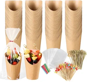 100pcs 12oz Charcuterie Cups, 200pcs Cocktail Skewers   100pcs Bags, Disposable Charcuterie Cups with Sticks, Individual Charcuterie Cup, Brown Paper Snack Cup for French Fry, Appetizer