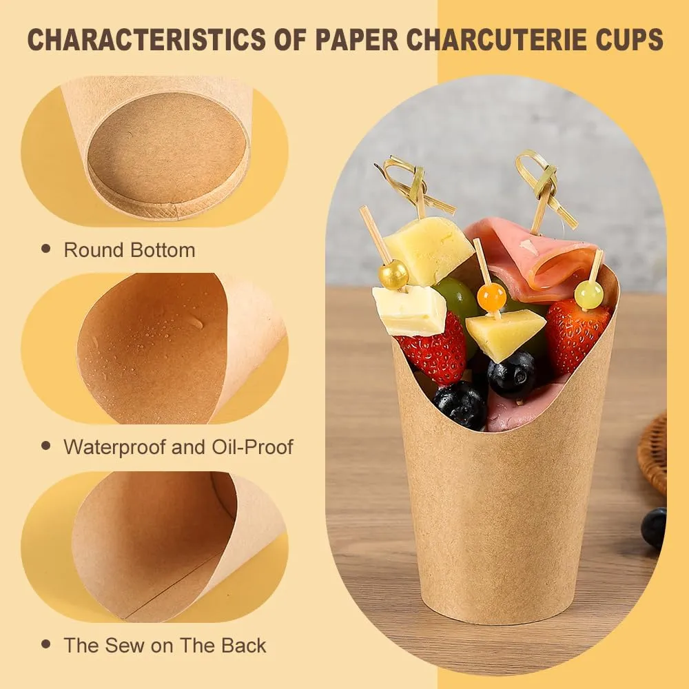 100pcs 12oz Charcuterie Cups, 200pcs Cocktail Skewers   100pcs Bags, Disposable Charcuterie Cups with Sticks, Individual Charcuterie Cup, Brown Paper Snack Cup for French Fry, Appetizer