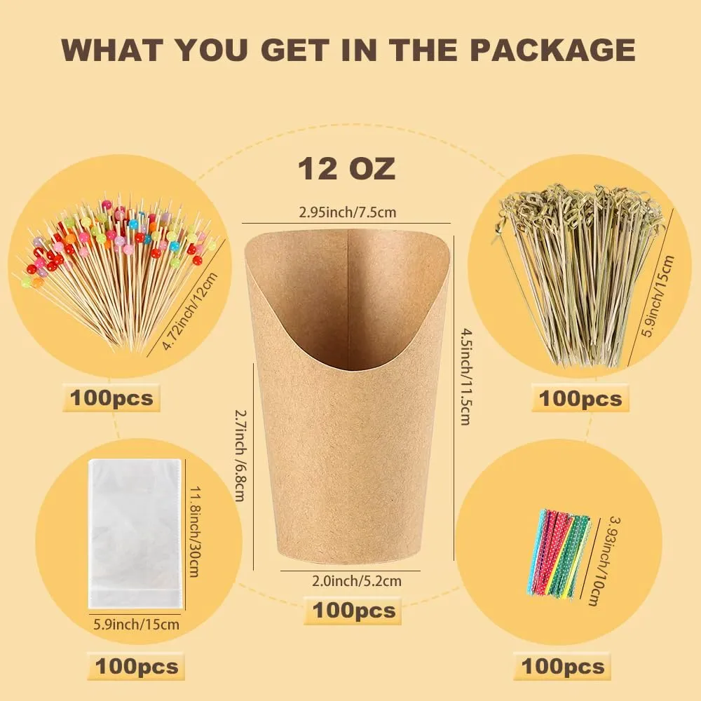 100pcs 12oz Charcuterie Cups, 200pcs Cocktail Skewers   100pcs Bags, Disposable Charcuterie Cups with Sticks, Individual Charcuterie Cup, Brown Paper Snack Cup for French Fry, Appetizer