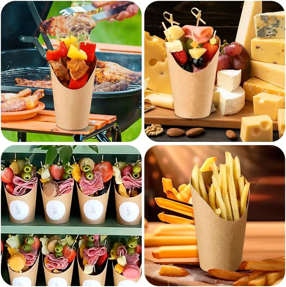 100pcs 12oz Charcuterie Cups, 200pcs Cocktail Skewers   100pcs Bags, Disposable Charcuterie Cups with Sticks, Individual Charcuterie Cup, Brown Paper Snack Cup for French Fry, Appetizer