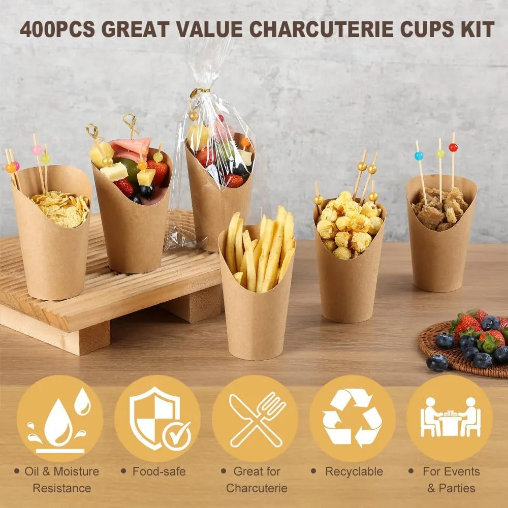 100pcs 12oz Charcuterie Cups, 200pcs Cocktail Skewers   100pcs Bags, Disposable Charcuterie Cups with Sticks, Individual Charcuterie Cup, Brown Paper Snack Cup for French Fry, Appetizer