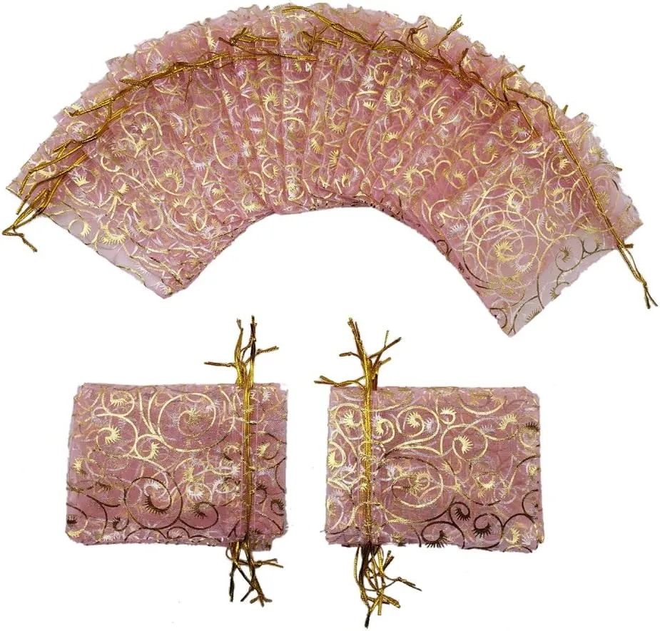 100pcs Eyelash Organza Wedding Favor Bags Luxury Jewelry Candy Gift Card Bags with Gold Line Drawstring Pouches (Pink, 4x6)