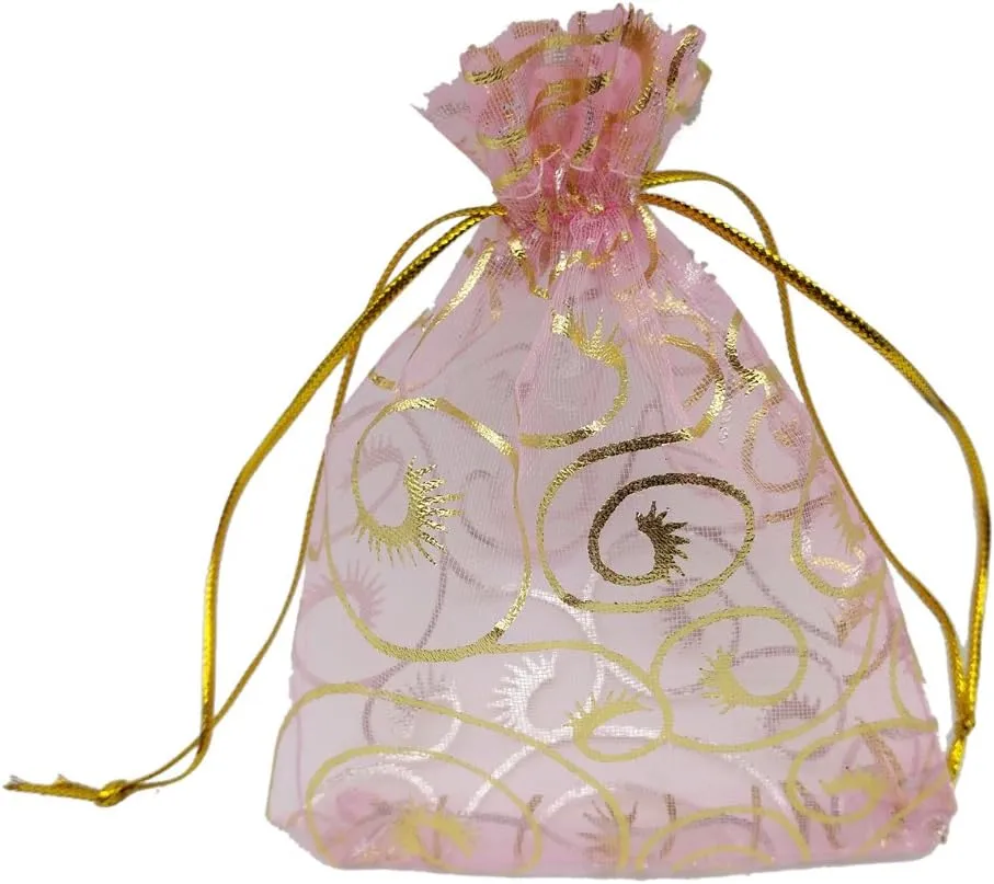 100pcs Eyelash Organza Wedding Favor Bags Luxury Jewelry Candy Gift Card Bags with Gold Line Drawstring Pouches (Pink, 4x6)