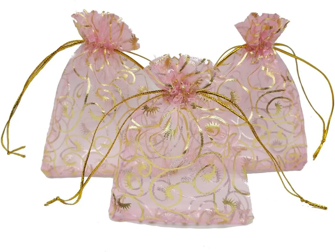 100pcs Eyelash Organza Wedding Favor Bags Luxury Jewelry Candy Gift Card Bags with Gold Line Drawstring Pouches (Pink, 4x6)