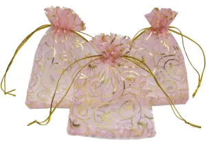100pcs Eyelash Organza Wedding Favor Bags Luxury Jewelry Candy Gift Card Bags with Gold Line Drawstring Pouches (Pink, 4x6)