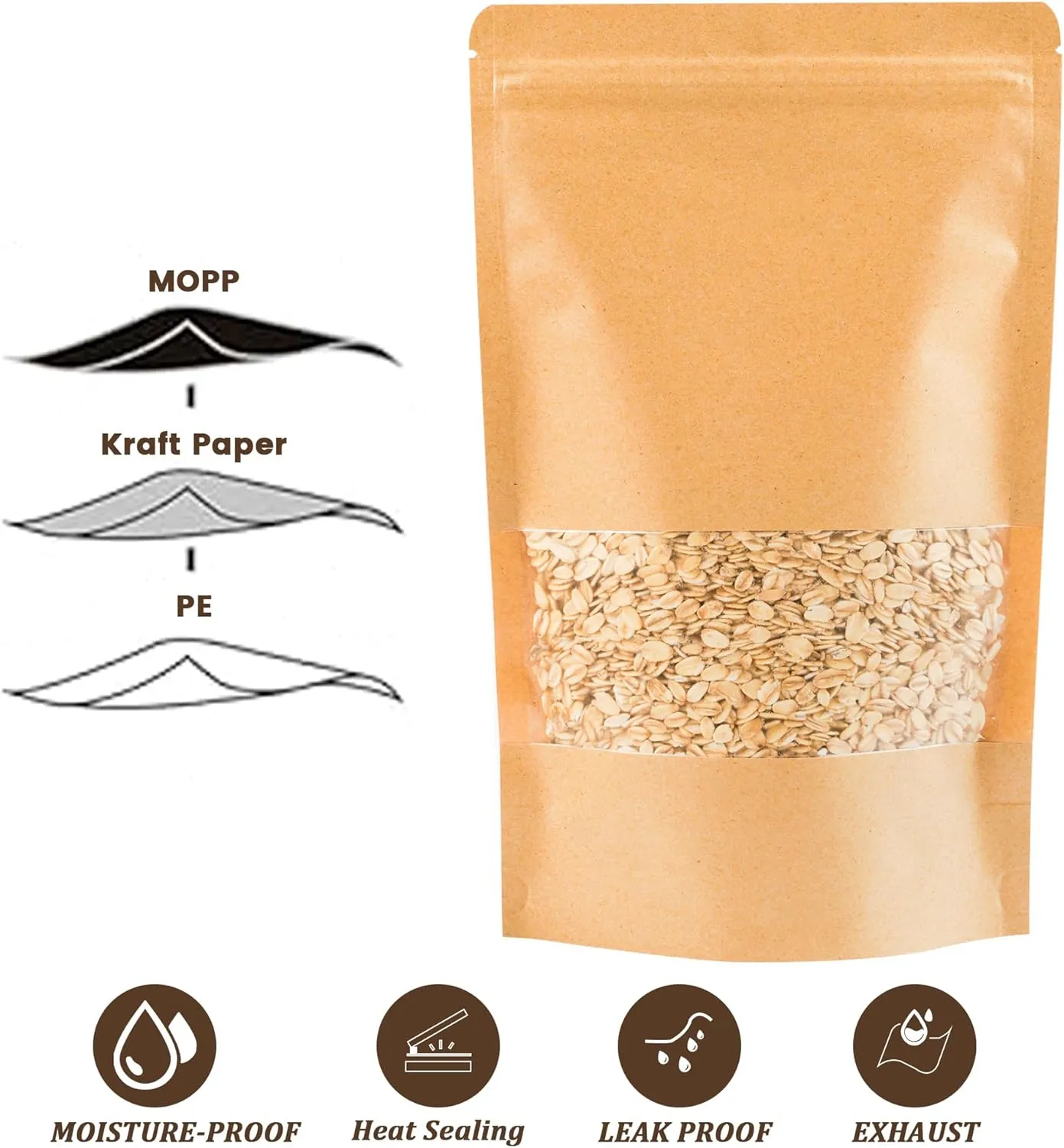 100PCS Resealable Bags for Food Storage, Self Stand Treat Bag Reusable for Candy, Cookie, Kraft Paper Bags with Window, Heat Seal Paper Bags for Small Business(4.7" X 7.9")