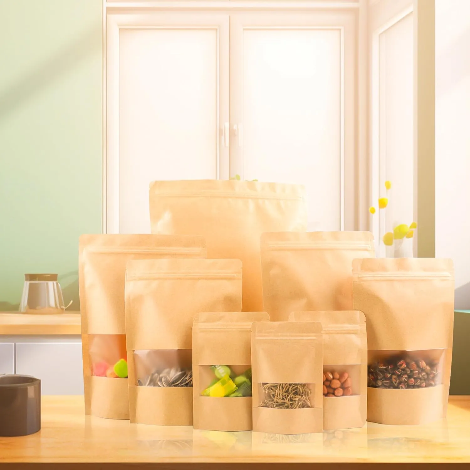 100PCS Resealable Bags for Food Storage, Self Stand Treat Bag Reusable for Candy, Cookie, Kraft Paper Bags with Window, Heat Seal Paper Bags for Small Business(4.7" X 7.9")