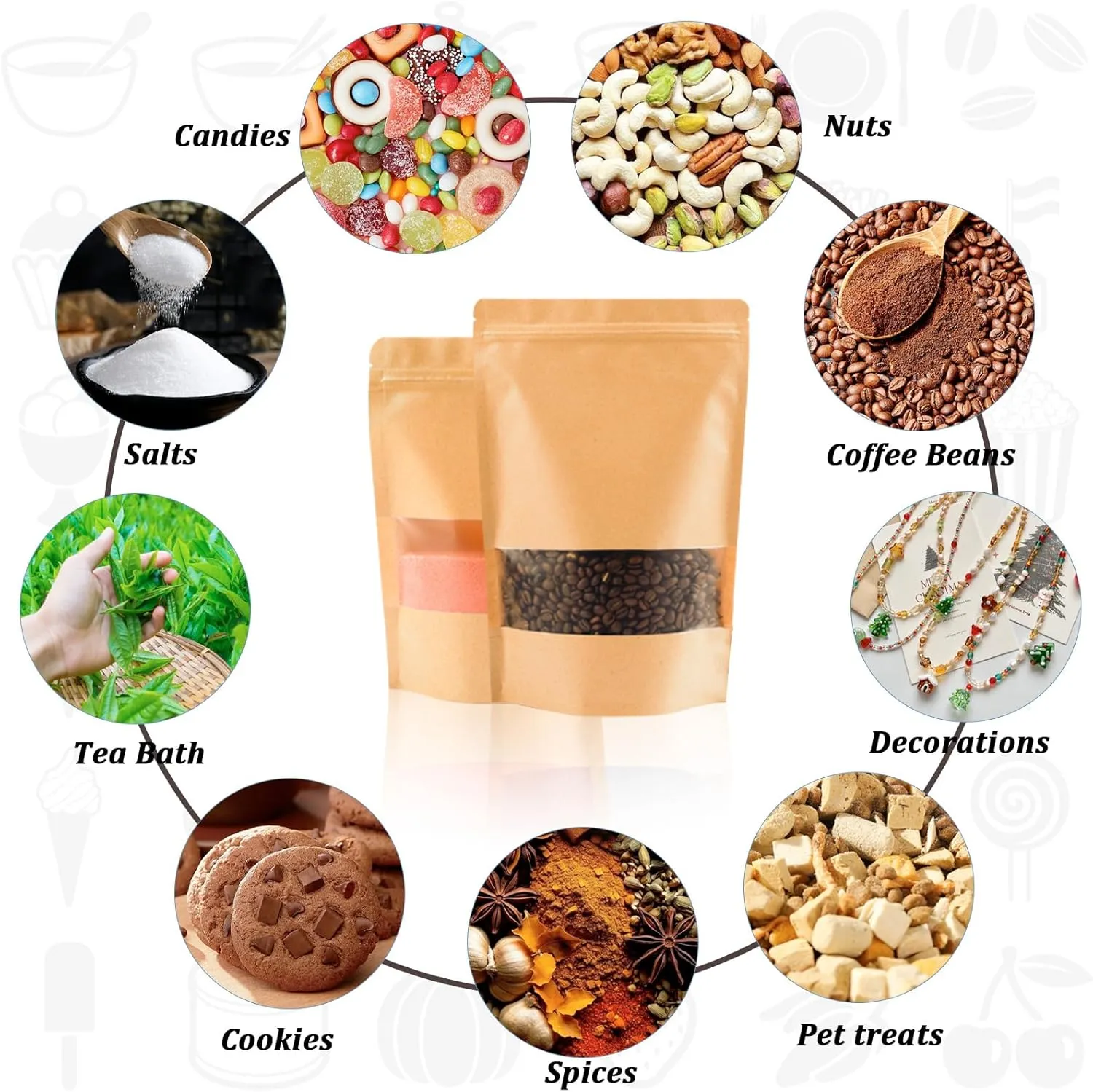 100PCS Resealable Bags for Food Storage, Self Stand Treat Bag Reusable for Candy, Cookie, Kraft Paper Bags with Window, Heat Seal Paper Bags for Small Business(4.7" X 7.9")
