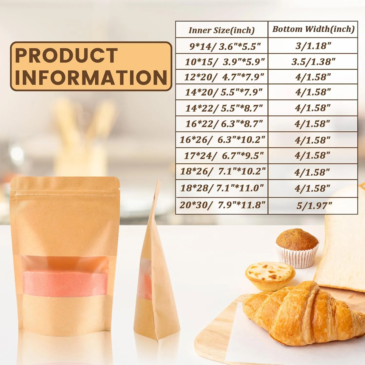 100PCS Resealable Bags for Food Storage, Self Stand Treat Bag Reusable for Candy, Cookie, Kraft Paper Bags with Window, Heat Seal Paper Bags for Small Business(4.7" X 7.9")